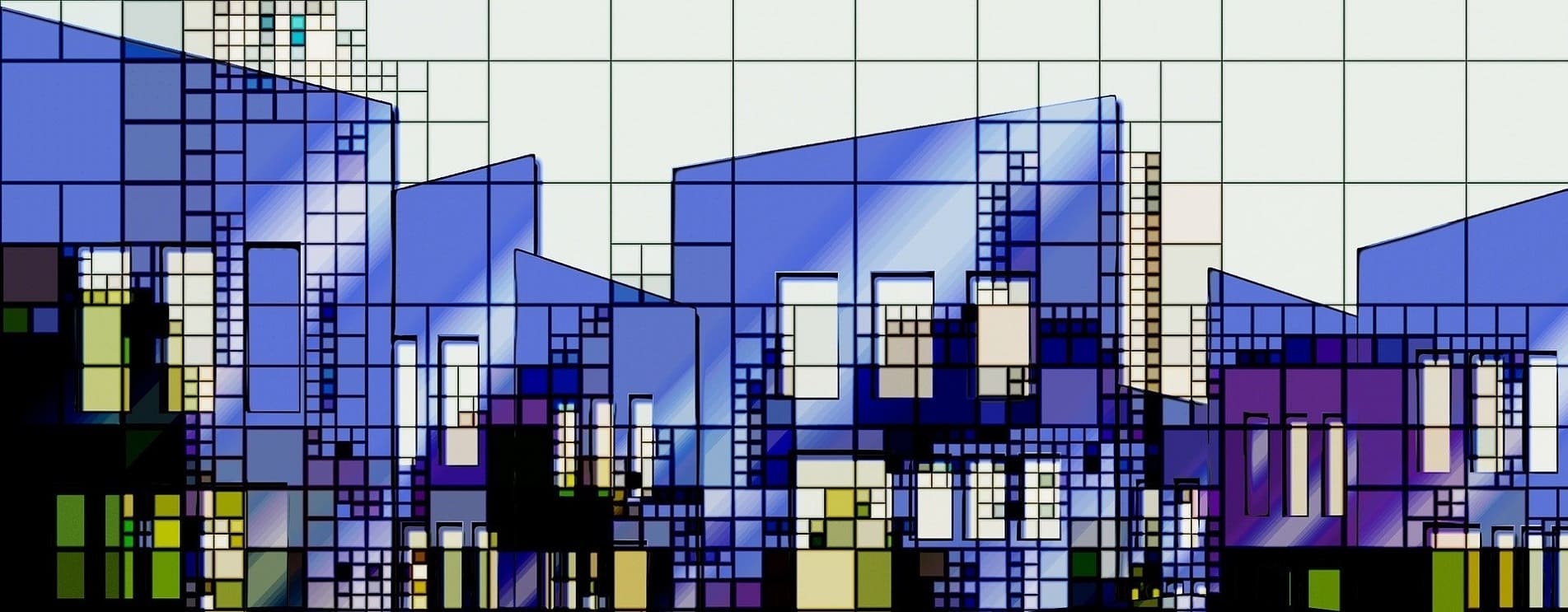 Grafik verschiedener Mehrfamilienhäuser hinter Bauhausraster als Synonym für den professionellen Innenausbau in Düsseldorf und Umgebung